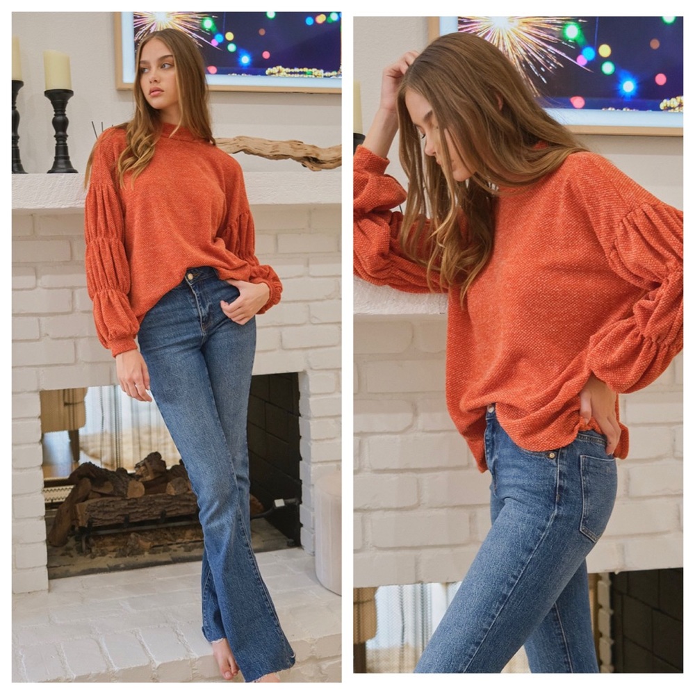RESTOCK Boho Mock Neck Shirring Balloon Sleeve Knit Top